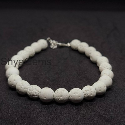 Natural White Lava Stone Bracelet 8mm, Essential Oil Diffuser Jewelry, Sterling