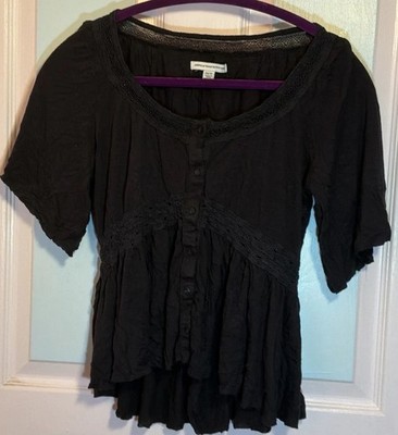 American Eagle Outfitters Black Lace Trim Button Blouse Round Neck XS Petite