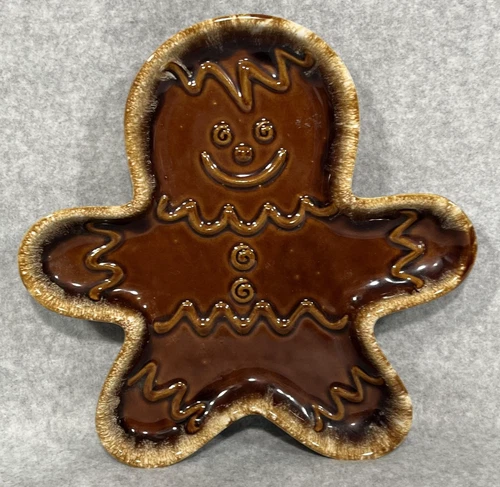 Hull Gingerbread Man Cookie Dish Brown 10" Stoneware Tray Trinket Holiday USA