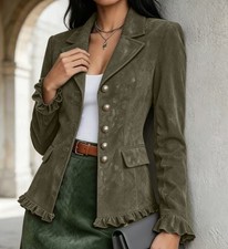 Women's Faux Suede Jacket Notched Lapel Ruffle Cuff Hem Retro Blazer Coat