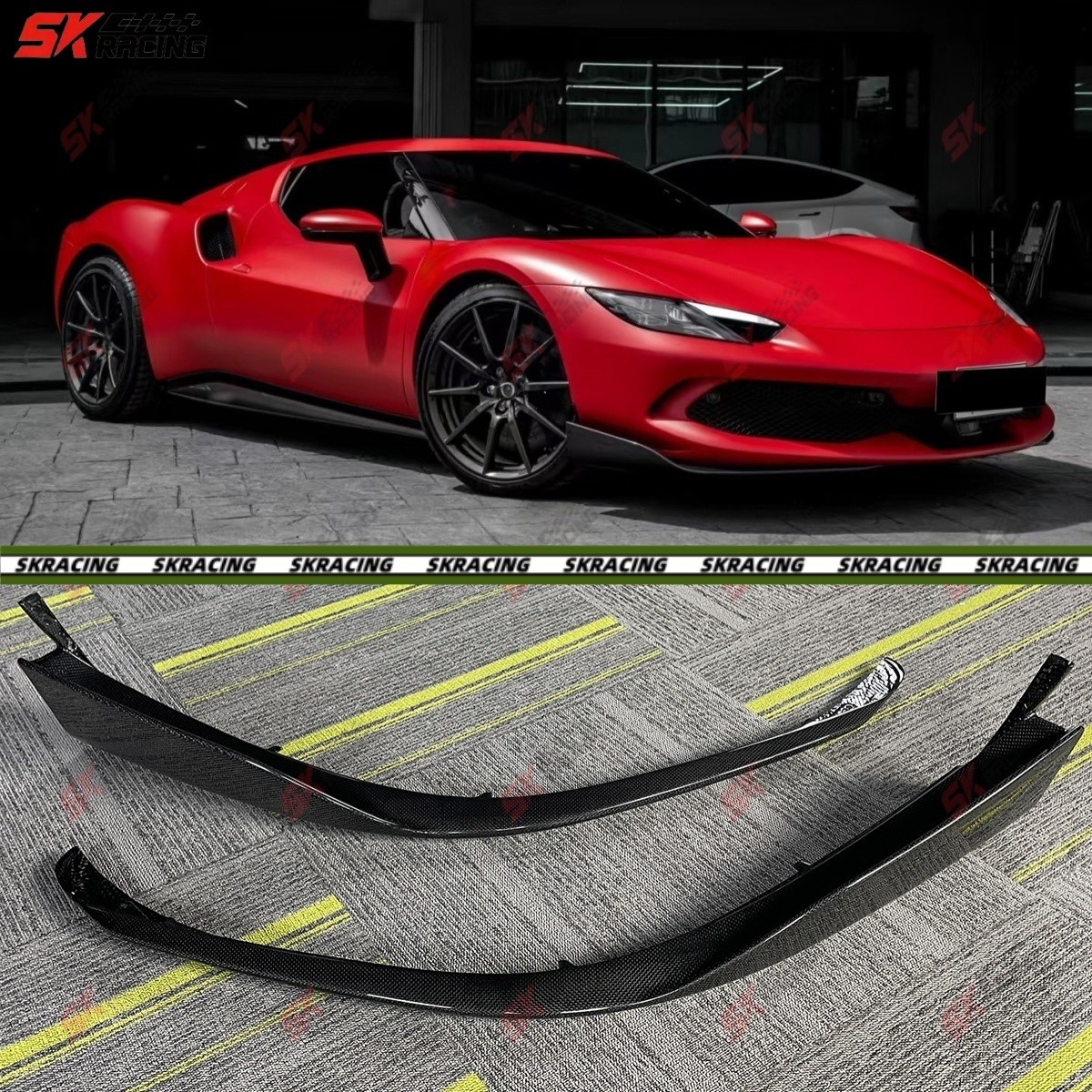 Plain Weave Carbon Fiber Front Bumper Side Splitters Fins Fits Ferrari 296 GTB