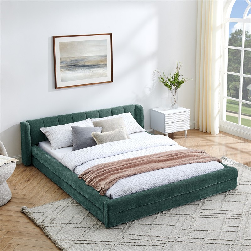 Queen Size Grounded Platform Bed with Upholstered Wingback H