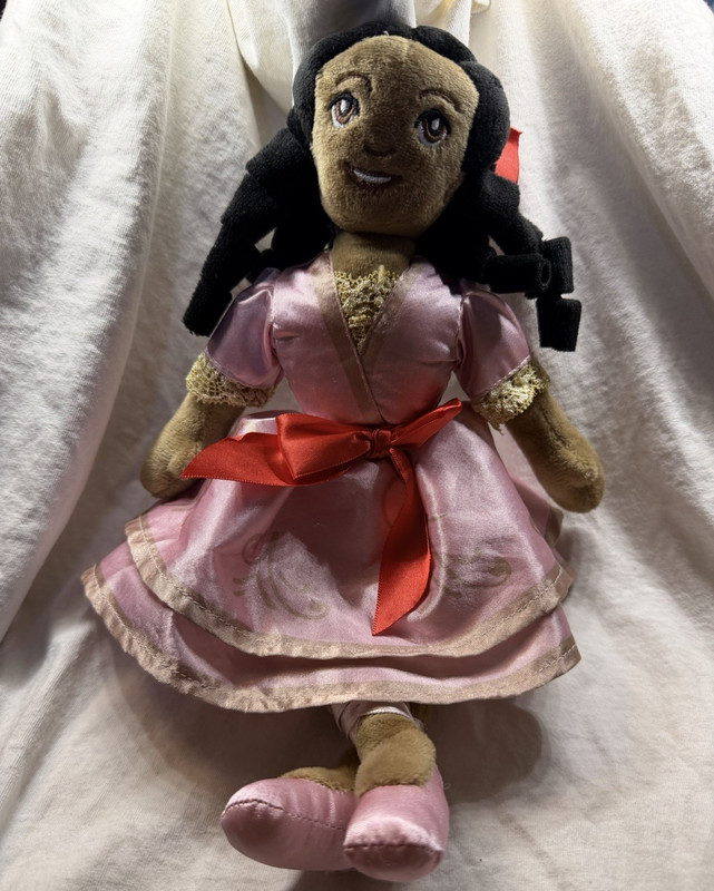 Nutcracker Ballerina Plush Doll w/ Black Hair Pink Dress Red Bow Pink Shoes