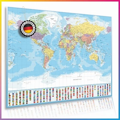 Lineo® XXL Weltkarte Poster 120x85 cm mit Flaggen Wandkarte World-Map Landkarte - Bild 1 von 4