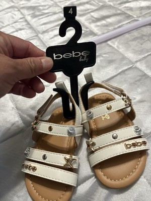 bebe Strappy Sandal Faux Leather White/Tan Buckle Stud Star Girls US 4