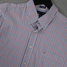 Tommy Hilfiger Shirt Mens XL Red White Blue Striped 80s 2 Ply Fabric Button Down