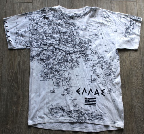 Vintage Olimpus GREECE Map All-Over Print Souvenir Graphic T-Shirt Medium Cotton