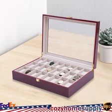 24 Slot Grids Wooden Watch Box Display Case Organizer Glass Top Jewelry Storage