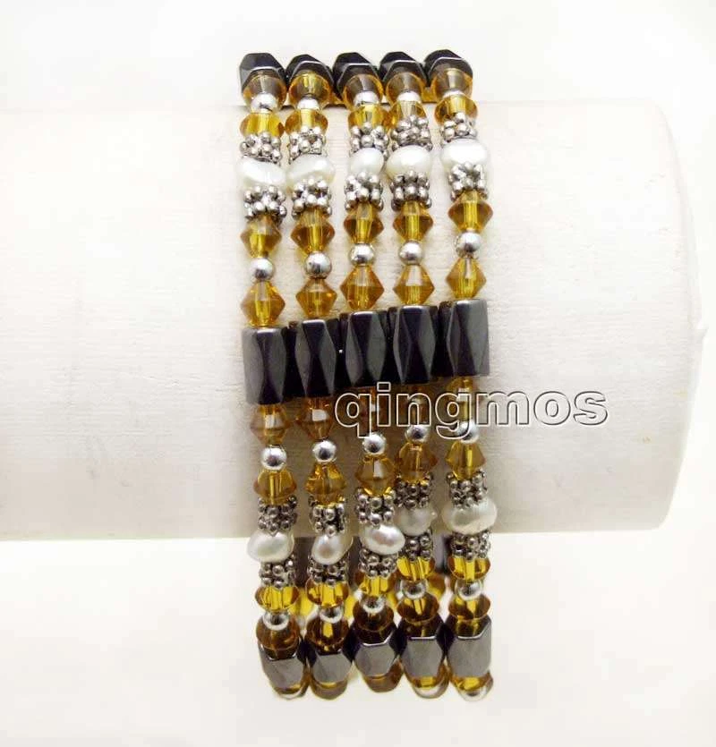 4-5mm White Pearl Bracelet for Women Orange Crystal Black Hematite Magnetic 36'' - Image 3 of 4