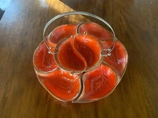 VTG California Pottery Lazy Susan Relish Tray Chip And Dip Gold Leaf Red #725