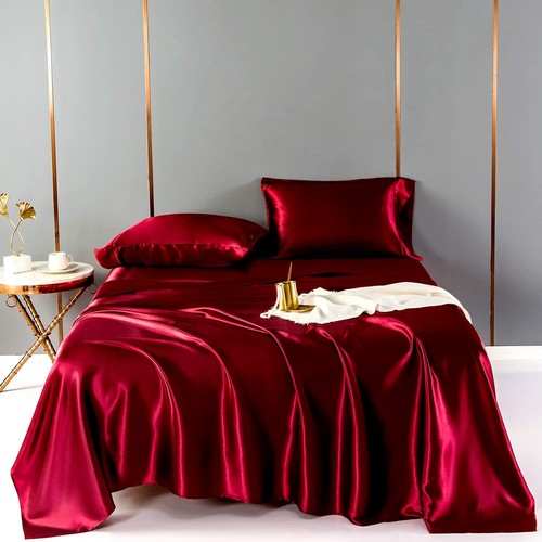 Satin Bed Sheets King Size, Burgundy 