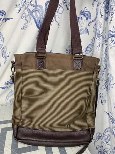 Chala Canvas Work Tote Crossbody Striped Brown Key Fob Dog w/ Bone 12X14” Purse - Picture 5 of 15