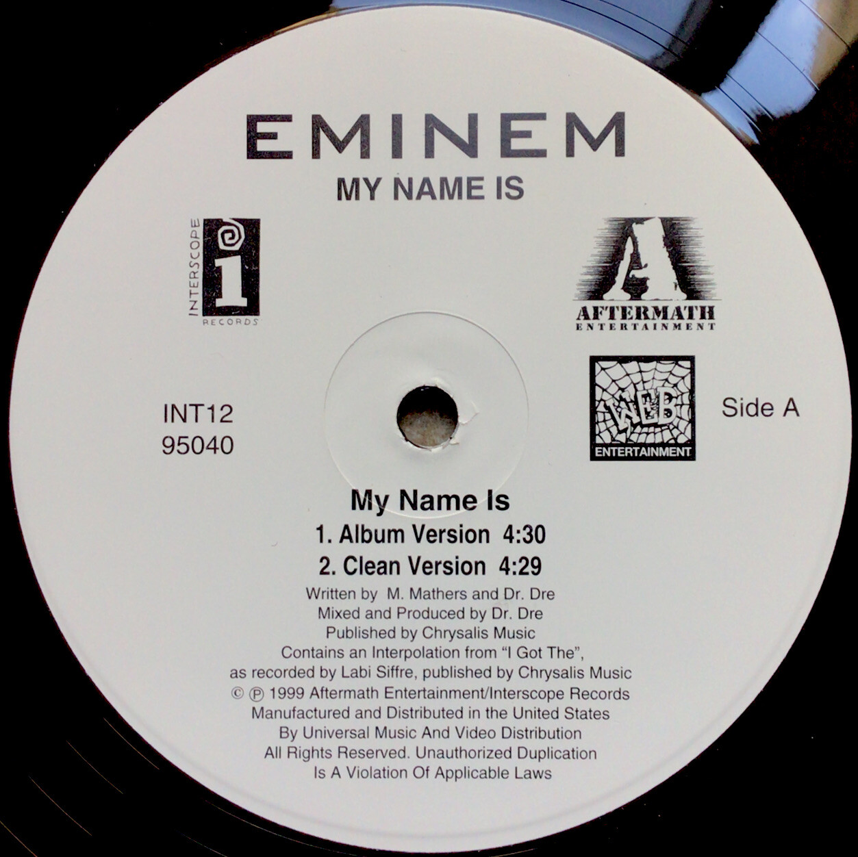 Eminem - My Name Is, Hip-Hop, Slim Shady, Dr. Dre, 8 Mile, 12" Club, 1999