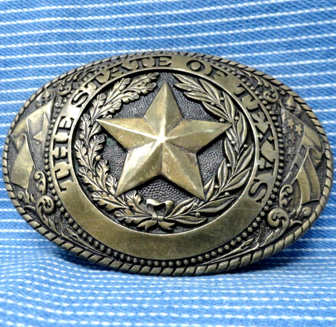 State Of Texas Star Brass Belt Buckle Vintage 80s… - image 2