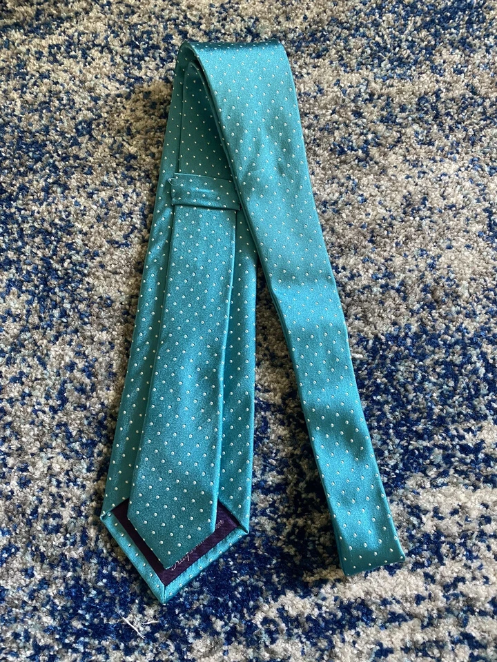 Corbata Ralph Lauren Etiqueta Púrpura Aqua Blanco Lunares Seda Italiana Foto 3 de 4