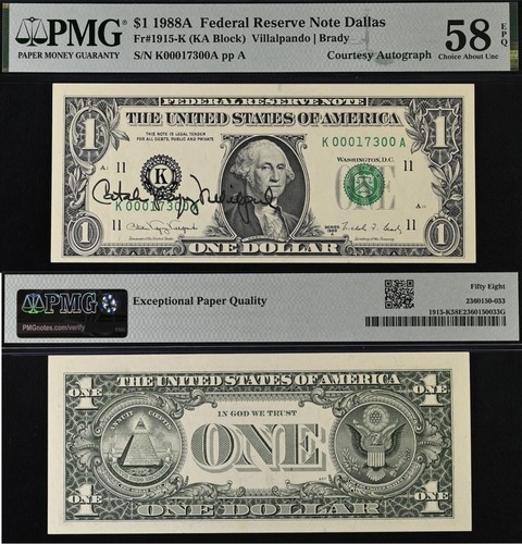 1988A $1 FRN Dallas PMG 58EPQ - Courtesy Autograph -Fancy Serial Number 00017300