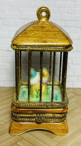 Vintage Birdcage with Love Bird Parakeet Pair Gold Trinket Box 4.5” - Picture 2 of 10