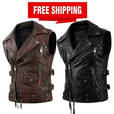 Men's Vintage Black Motorcycle Vest Men Genuine Cowhide Riding Sleeveless Jacket