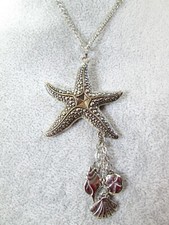 Starfish  Dangling Shell Charm Pendant  Silver Plated Curb Necklace 22" / S