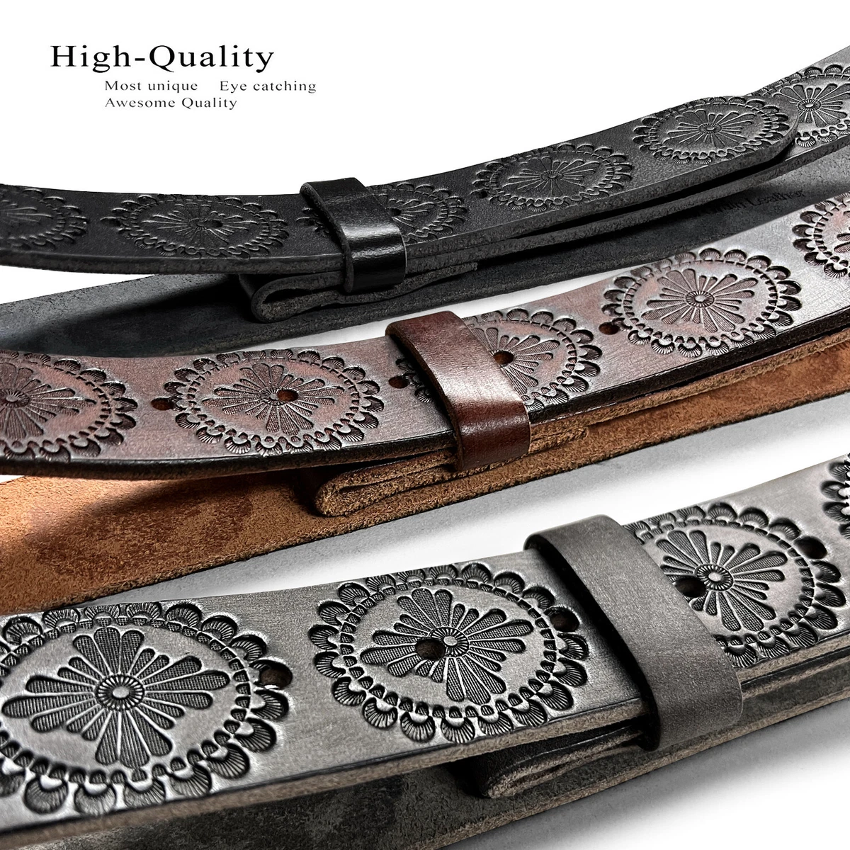  Floral Engraved One Piece Genuine Full Grain Leather Belt Strap 1-1/2" Wide
