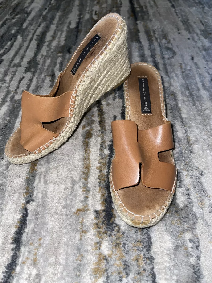 Steven by Steve Madden Eryk Tan Leather Espadrille Slip On Wedge