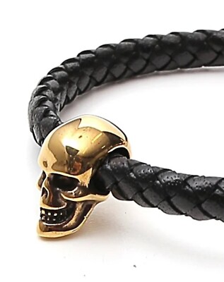 ブレスレット Alexander McQueen 748251 1MAAA LEATHER CORD SKULL Bracelet ALEXANDER McQUEEN 'Skull Braided Leather Bracelet' Blk/Gold