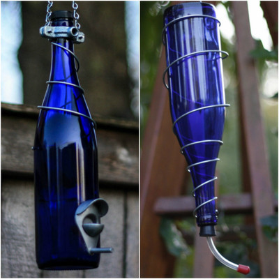 Cobalt Blue And Silver Wine Bottle Bird Feeder Combo Glass