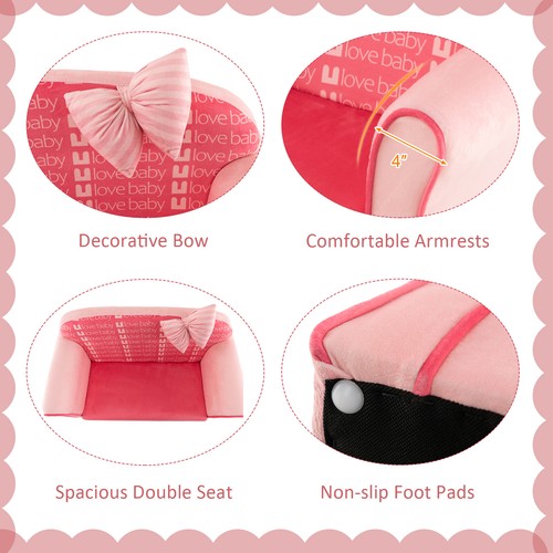Kids Double Sofa with Footstool 2 Seat Armrest Chair Lounge Soft Velvet Pink - Picture 7 of 8