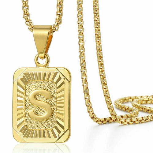 Yellow Gold Plated Stainless Steel Initial Letter A-Z Pendant Necklace Box Chain - Picture 35 of 38