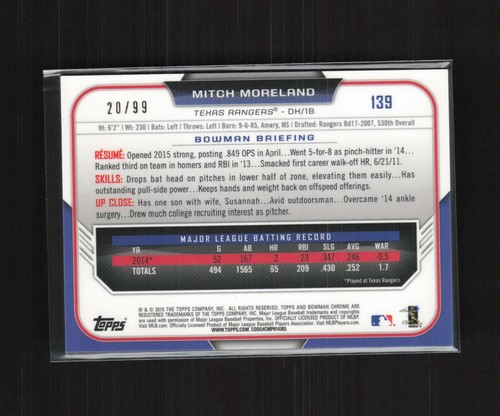 Tarjeta 2015 Bowman Chrome Mitch Moreland 139 Green Parallel/99 Texas Rangers - Imagen 2 de 2