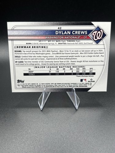 Bowman Rookie Dylan Crews #42 2025 azul/150 Washington Nationals - Imagen 3 de 3