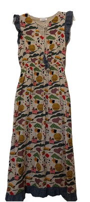 THML Teacher School Print Maxi Dress Size Small Lined Tassel Tie Ruffle Sleeve
