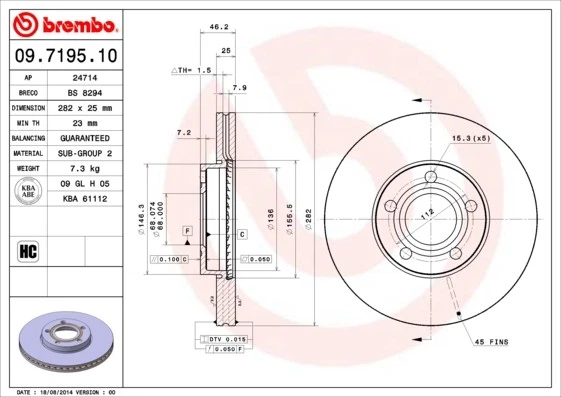 2x BRAKE DISC 09.7195.10 FOR VW AEB/AUG/ATW/APU/ANB 1.8L AJM/ATJ/AVG/AFN 1.9L - Image 2 of 4