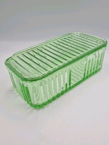 Vintage Green Uranium Depression Glass Rectangular Butter Dish Lidded Flawed - Picture 6 of 20