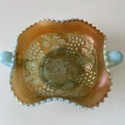 Northwood Leaf & Cable Carnival Glass Dish, Amber Opal Aqua handles basket