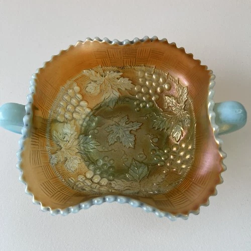 Northwood Leaf & Cable Carnival Glass Dish, Amber Opal Aqua handles basket
