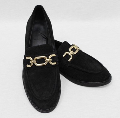 M&S Halbschuhe schwarz Leder Damen UK 4,5 Gold Kette Slipper Smart Freizeitschuhe