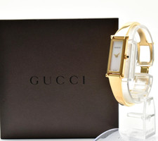 Vintage [N MINT /Box] GUCCI 1500L White Shell Gold QZ Ladies Bangle Watch JAPAN