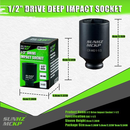 SUNHZMCKP 1/2 Inch Deep Drive Impact Socket, SAE 1-1/2 Socket, CR-MO, 6 Point... - Picture 2 of 8