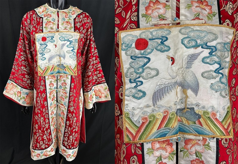 Antique Chinese Red Silk Embroidered Crane Civil First Rank Badge Robe Costume