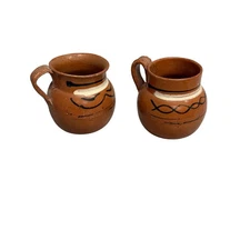Handmade Terra Cotta Pottery Small Creamer Jugs Mugs Set Rustic Brown Folk Art