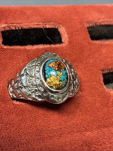 Anello uomo vintage firmato SW-94 turchese rame oro fiocco misura 10,5 - Foto 1 di 8