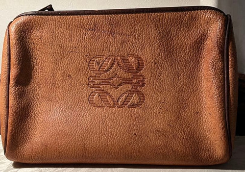 Loewe Embossed Anagram Logo Leather Pouch Vintage Cosmetic Bag Camel Brown Women