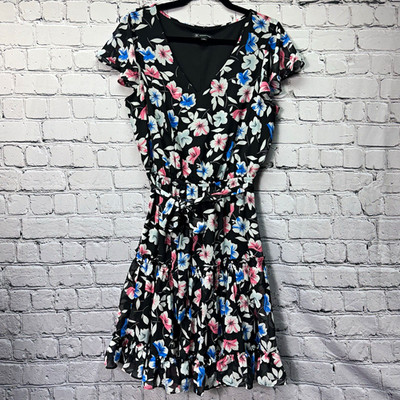 INC International Concepts V-Neck Ruffle Hem Dress Hibiscus Floral Print Size 10