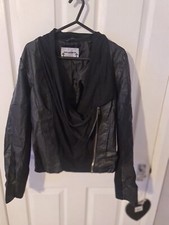Ladies Black Faux Leather Fabric Waterfall Jacket Coat Size 8