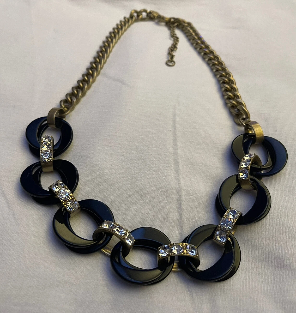 J Crew Chunky Plastic Chain Link Statement Necklace black With Metal Rhinestones