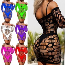 Us Woman's Fishnet Hollow Out Dress Off Shoulder Long Sleeve Bodycon Mini Dress