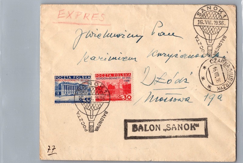 1936 Poland Sanok Gordon Bennett Contest Ballon Flight Cover to Lodz