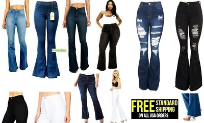 womens ladies flared denim jeans high waist wide leg pants trousers bell bottoms