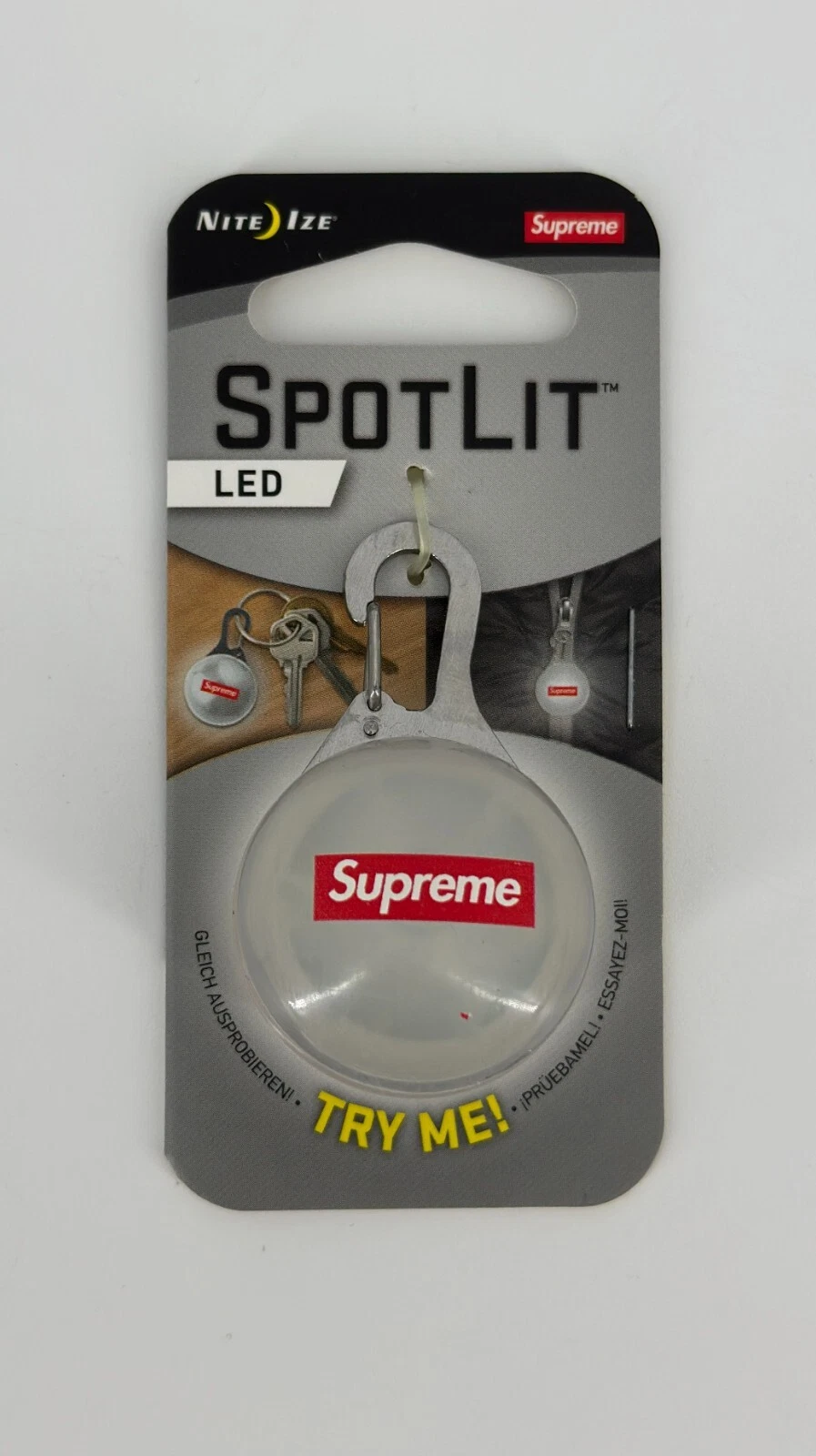 Porte clés Supreme x NiteIze SpotLit Box Logo LED Light Mousqueton (SS19) Rare Neuf avec étiquette